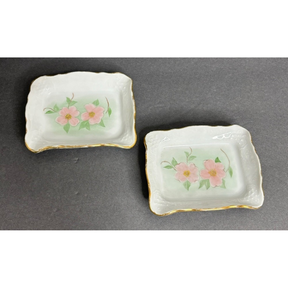 2 Schumann Trinket Pin Dishes Rose Pink Floral Hand Painted Signed 1952